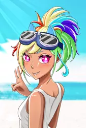 Size: 692x1024 | Tagged: safe, artist:kanrururu7, derpibooru import, kotobukiya, rainbow dash, beach, clothes, google, image, jpeg, kotobukiya rainbow dash, peace sign, tanktop