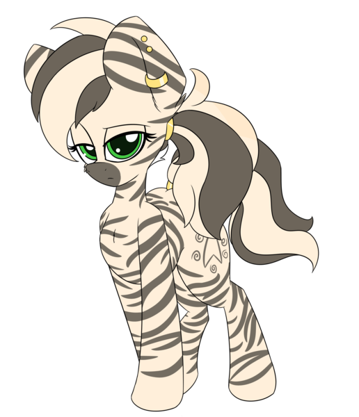 Size: 1588x1848 | Tagged: safe, artist:k-kopp, derpibooru import, oc, oc:mayumi, zebra, cutie mark, female, hair ring, image, jewelry, looking at you, no source available, piercing, png, ring, standing, stripes