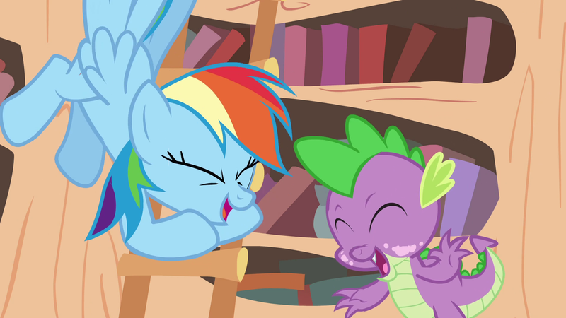 Size: 1920x1080 | Tagged: safe, derpibooru import, screencap, rainbow dash, spike, dragon, pegasus, pony, it's about time, season 2, eyes closed, female, golden oaks library, image, ladder, laughing, library, male, mare, open mouth, png