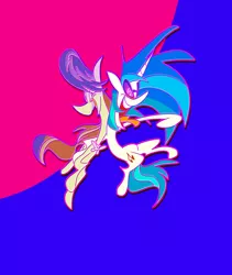 Size: 1730x2048 | Tagged: safe, artist:brdte, derpibooru import, octavia melody, vinyl scratch, earth pony, pony, unicorn, big hair, cartoon, cartoony, crazy face, duo, duo female, exaggerated anatomy, faic, female, hoof on shoulder, image, jpeg, mare, midair, open mouth, simple background, smiling, stylized, tongue out