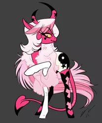 Size: 1696x2048 | Tagged: safe, artist:opalacorn, derpibooru import, ponified, demon, pony, clothes, devil tail, helluva boss, horns, image, jpeg, looking at you, smiling, socks, solo, thigh highs, verosika mayday
