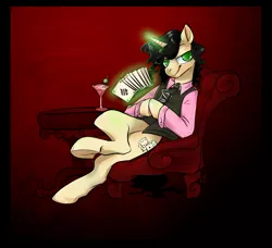 Size: 2194x2001 | Tagged: safe, artist:opalacorn, derpibooru import, oc, oc:gamble, unofficial characters only, pony, semi-anthro, unicorn, fallout equestria, fallout equestria: red 36, ace of spades, alcohol, chair, clothes, deck of cards, fanfic art, glass, image, jpeg, lidded eyes, looking at you, lounge chair, magic, male, martini, martini glass, necktie, playing card, shirt, sitting, smiling, smug, solo, stallion, table, telekinesis, underhoof, vest
