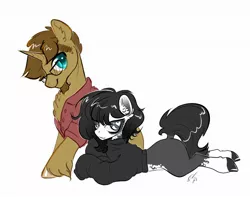 Size: 2028x1597 | Tagged: safe, artist:opalacorn, derpibooru import, oc, unofficial characters only, earth pony, pony, unicorn, clothes, dock, glasses, image, jpeg, looking at you, shirt, smiling, sweater