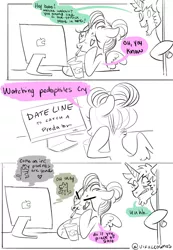 Size: 1417x2048 | Tagged: safe, artist:opalacorn, derpibooru import, oc, oc:void, pegasus, pony, unicorn, comic, computer, dialogue, drink, drinking straw, heart eyes, image, jpeg, nervous, sketch, smiling, spread wings, sweat, to catch a predator, wingding eyes, wings