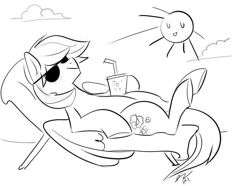 Size: 2028x1628 | Tagged: safe, artist:opalacorn, derpibooru import, oc, unofficial characters only, pegasus, pony, drink, image, jpeg, recliner, sketch, smiling, solo, sun, sunglasses