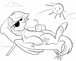 Size: 2028x1628 | Tagged: safe, artist:opalacorn, derpibooru import, oc, unofficial characters only, pegasus, pony, drink, image, jpeg, recliner, sketch, smiling, solo, sun, sunglasses