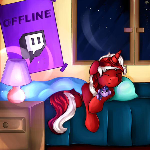 Size: 1280x1280 | Tagged: safe, artist:appleneedle, derpibooru import, twilight sparkle, oc, oc:ace jets, pony, unicorn, art, banner, bed, character, digital, draw, drawing, evening, fanart, image, jpeg, lamp, night, offline, offscreen character, paint, painting, patreon, patreon reward, pillow, plushie, rest, sleeping, twitch