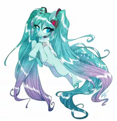 Size: 1980x2048 | Tagged: safe, artist:opalacorn, derpibooru import, ponified, earth pony, pony, anime, hatsune miku, headset, image, jpeg, lidded eyes, looking at you, music notes, smiling, solo, sparkles, unshorn fetlocks, vocaloid