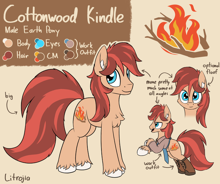 Size: 2400x2000 | Tagged: safe, artist:litrojia, derpibooru import, oc, oc:cottonwood kindle, unofficial characters only, earth pony, pony, apron, big tail, boots, chest fluff, clothes, cutie mark, ear fluff, image, looking at you, male, png, reference sheet, shirt, shoes, smiling, smiling at you, stallion, unshorn fetlocks