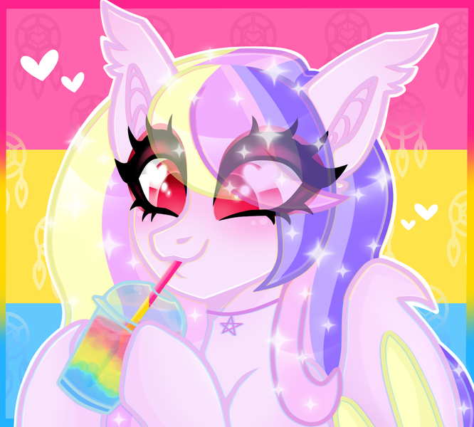 Size: 1444x1301 | Tagged: safe, artist:nekomellow, derpibooru import, oc, oc:dream catcher, bat pony, pony, cute, image, pansexual pride flag, png, pride, pride flag, pride month, slushie, solo, sparkles, vamppony