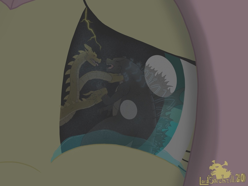 Size: 2732x2048 | Tagged: safe, artist:lordshrekzilla20, derpibooru import, fluttershy, crying, eye reflection, fight, godzilla, godzilla (series), image, jpeg, king ghidorah, reflection