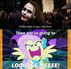 Size: 2000x1953 | Tagged: safe, derpibooru import, edit, edited screencap, screencap, fluttershy, pegasus, pony, the best night ever, angry, caption, clothes, dress, female, flutterrage, heath ledger, image, knife, mare, open mouth, png, text, the dark knight, the joker, yelling
