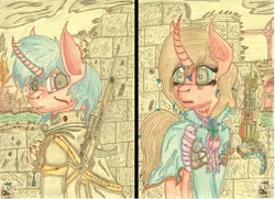 Size: 2876x2085 | Tagged: safe, artist:sarnathid-prime-pony, derpibooru import, oc, oc:cherry, oc:nuka, unicorn, fallout equestria, city, gun, horn, image, jpeg, pencil drawing, ruins, sketch, traditional art, unicorn oc, weapon