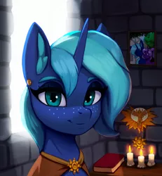 Size: 3102x3351 | Tagged: safe, artist:mrscroup, derpibooru import, oc, oc:novus flux, unofficial characters only, pony, unicorn, altar, book, candle, clasp, ear fluff, ear piercing, earring, eyeshadow, female, freckles, image, jewelry, jpeg, makeup, not luna, picture frame, piercing