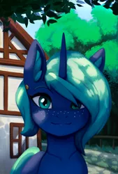 Size: 2158x3188 | Tagged: safe, artist:mrscroup, derpibooru import, oc, oc:novus flux, unofficial characters only, pony, unicorn, ear fluff, ear piercing, earring, freckles, happy, house, image, jewelry, jpeg, looking at you, not luna, piercing, tree, village