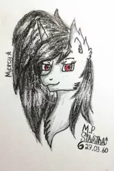 Size: 1293x1939 | Tagged: safe, artist:mudmee-thai, derpibooru import, oc, oc:mercy, unofficial characters only, pony, unicorn, bust, ear fluff, eyelashes, female, horn, image, jpeg, mare, signature, smiling, solo, traditional art, unicorn oc