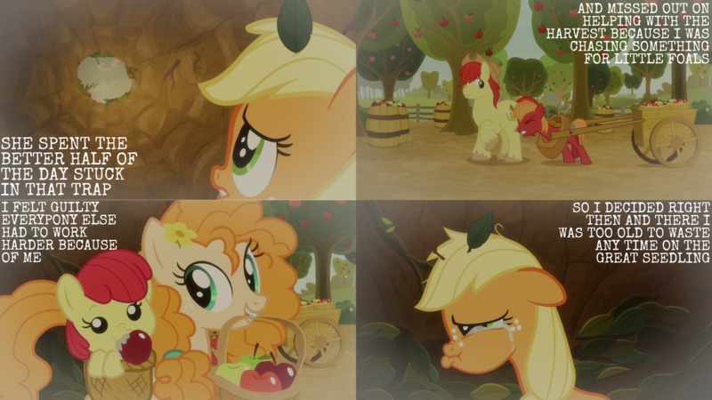 Size: 1280x720 | Tagged: safe, derpibooru import, edit, edited screencap, editor:quoterific, screencap, apple bloom, applejack, big macintosh, bright mac, pear butter, earth pony, pony, going to seed, season 9, spoiler:s09, adorabloom, apple, baby, baby apple bloom, baby pony, colt, crying, cute, eyes closed, female, filly, food, image, lip bite, male, mare, mother and child, mother and daughter, mouth hold, pearabetes, png, sad, stallion, tree, younger