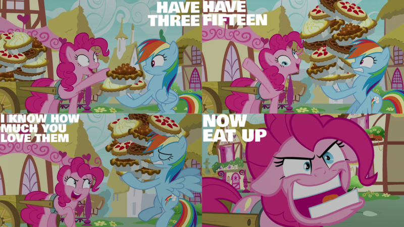 Size: 1280x720 | Tagged: safe, derpibooru import, edit, edited screencap, editor:quoterific, screencap, pinkie pie, rainbow dash, earth pony, pegasus, pony, season 7, secrets and pies, duo, duo female, eyes closed, faic, female, food, image, mare, open mouth, pie, pinkie being pinkie, png, thousand yard stare, wagon