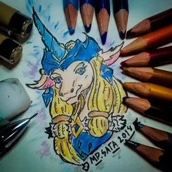 Size: 1080x1080 | Tagged: safe, artist:phutphitchaya, derpibooru import, ponified, pony, unicorn, bust, female, helmet, horn, image, jpeg, league of legends, mare, signature, smiling, solo, soraka, traditional art