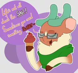 Size: 4000x3766 | Tagged: safe, artist:mrneo, derpibooru import, cashmere (tfh), deer, reindeer, them's fightin' herds, abstract background, clothes, community related, cupcake, dialogue, food, glasses, image, png, scarf, solo