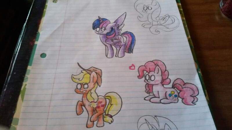 Size: 1024x576 | Tagged: safe, artist:gravityfox10, derpibooru import, applejack, fluttershy, pinkie pie, rainbow dash, rarity, twilight sparkle, twilight sparkle (alicorn), alicorn, earth pony, pony, female, hat, horn, image, jpeg, lined paper, lying down, mane six, mare, prone, raised hoof, traditional art, white eyes, wings