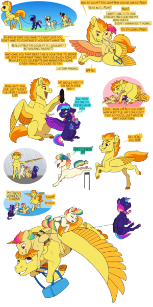 Size: 2000x4000 | Tagged: safe, artist:jackiebloom, derpibooru import, spitfire, oc, oc:iridescence flare, oc:neon synthwave, oc:skydancer, earth pony, pegasus, pony, female, filly, flying, image, leash, magical lesbian spawn, male, mother and child, mother and daughter, mother and son, offspring, parent:rainbow dash, parent:spitfire, parents:spitdash, png, record, sunglasses, wing umbrella, wings