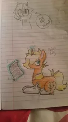 Size: 576x1024 | Tagged: safe, artist:gravityfox10, derpibooru import, oc, unofficial characters only, pony, unicorn, bust, glowing horn, hair over eyes, horn, image, jpeg, lined paper, lying down, magic, partial color, prone, scroll, signature, socks (coat marking), talking, telekinesis, traditional art, unicorn oc