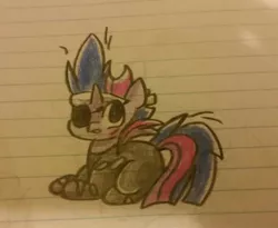 Size: 1024x840 | Tagged: safe, artist:gravityfox10, derpibooru import, twilight sparkle, pony, unicorn, clothes, eyepatch, female, future twilight, horn, image, jpeg, lined paper, mare, scar, solo, torn clothes, traditional art, unicorn twilight