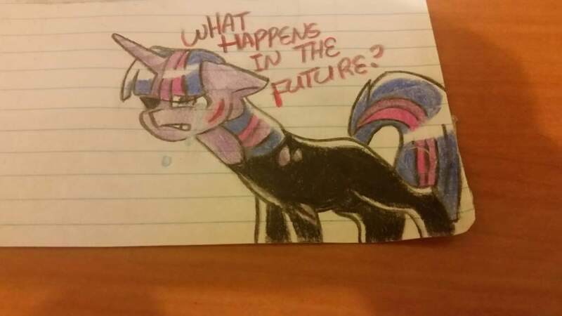 Size: 1024x576 | Tagged: safe, artist:gravityfox10, derpibooru import, twilight sparkle, pony, unicorn, clothes, crying, eyepatch, female, future twilight, horn, image, jpeg, lined paper, mare, scar, solo, talking, torn clothes, traditional art, unicorn twilight