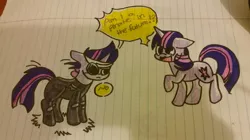 Size: 1024x574 | Tagged: safe, artist:gravityfox10, derpibooru import, twilight sparkle, pony, unicorn, clothes, dialogue, duo, eyepatch, female, frown, future twilight, horn, image, jpeg, lined paper, mare, open mouth, raised hoof, self ponidox, smiling, time travel, torn clothes, traditional art, unicorn twilight