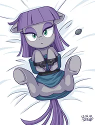 Size: 747x982 | Tagged: suggestive, alternate version, artist:uotapo, derpibooru import, boulder (pet), maud pie, earth pony, pony, bed, blanket, blushing, clothes, cuffs, cute, dress, eyeshadow, featureless crotch, female, from above, image, jpeg, looking at you, lying down, makeup, mare, maudabetes, on back, skirt, solo, technically an upskirt shot, underhoof, upskirt