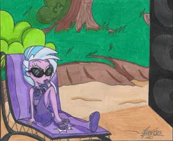 Size: 1079x879 | Tagged: safe, artist:rhythm-is-best-pony, derpibooru import, silverstream, human, equestria girls, beach, beach chair, clothes, clothes swap, equestria girls-ified, feet, foot tapping, humanized, image, jpeg, sandals, sarong, solo, speakers, swimsuit, tapping