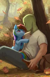 Size: 1106x1708 | Tagged: safe, artist:rhorse, edit, ponerpics import, rainbow dash, oc, oc:anon, earth pony, human, pony, autumn, bag, bottle, cider, duo, female, image, leaves, male, mare, mask, png, tree