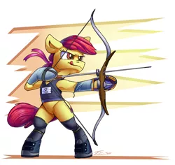 Size: 1200x1134 | Tagged: safe, artist:tsitra360, derpibooru import, apple bloom, earth pony, arrow, bow (weapon), clothes, female, image, jpeg, signature, solo, tongue out