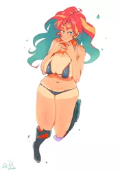 Size: 1400x2000 | Tagged: suggestive, artist:sozglitch, derpibooru import, sunset shimmer, equestria girls, belly button, big breasts, bikini, boots, breasts, busty sunset shimmer, cleavage, clothes, huge breasts, image, jpeg, shoes, simple background, smiling, solo, swimsuit, tan lines, white background