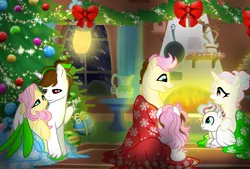 Size: 1596x1080 | Tagged: safe, artist:jvartes6112, derpibooru import, fluttershy, oc, alicorn, pegasus, pony, unicorn, alicorn oc, canon x oc, christmas, christmas tree, female, filly, holiday, horn, hug, image, indoors, male, mare, parent:fluttershy, parents:canon x oc, png, stallion, tree, two toned wings, unicorn oc, unshorn fetlocks, winghug, wings