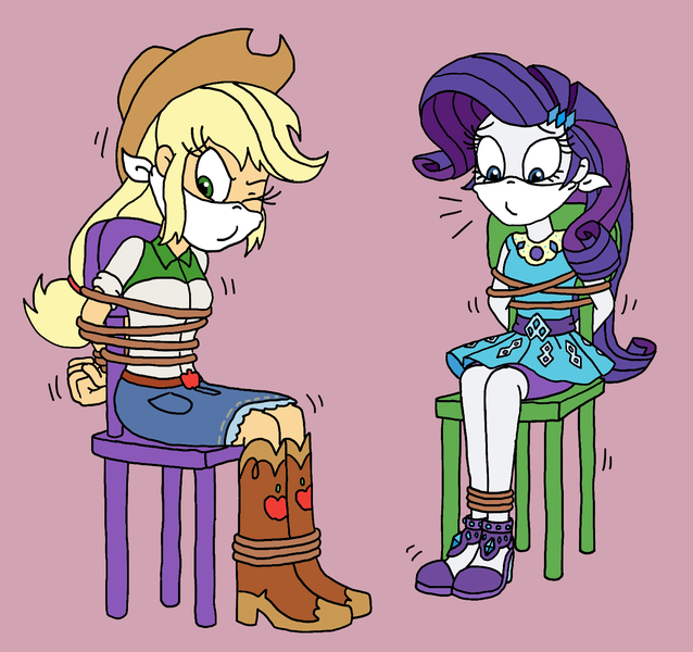 Size: 1564x1470 | Tagged: safe, artist:bugssonicx, derpibooru import, applejack, rarity, equestria girls, applesub, female, femsub, gag, image, png, rarisub, submissive, tied up