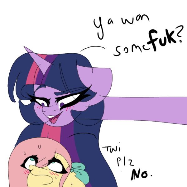 Size: 768x768 | Tagged: suggestive, artist:moodi, derpibooru import, fluttershy, twilight sparkle, alicorn, pegasus, pony, blushing, fuk, image, png, simple background, sweat, transparent background, vulgar