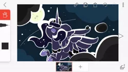 Size: 1024x576 | Tagged: safe, artist:gravityfox10, derpibooru import, princess luna, alicorn, pony, cloud, ethereal mane, eyes closed, female, flying, full moon, hoof shoes, horn, image, jewelry, jpeg, mare, moon, outdoors, peytral, phone screen, shooting star, starry mane, stars, tiara, wings