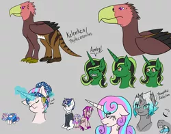 Size: 1280x1002 | Tagged: safe, artist:jolliapplegirl, derpibooru import, princess cadance, shining armor, oc, oc:ambrose, oc:olive, oc:thoughful reflection, alicorn, changeling, changepony, gryphon, hybrid, pony, unicorn, dark star au, fallout equestria, dialogue, female, image, interspecies offspring, jpeg, male, mare, next generation, offspring, parent:queen chrysalis, parent:shining armor, parents:shining chrysalis, stallion