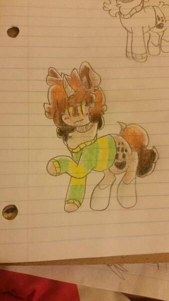 Size: 576x1024 | Tagged: safe, artist:gravityfox10, derpibooru import, oc, unofficial characters only, pony, unicorn, chara, clothes, duo, female, grin, horn, image, jpeg, lineart, lined paper, mare, partial color, paw prints, raised hoof, smiling, socks (coat marking), undertale, unicorn oc