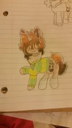 Size: 576x1024 | Tagged: safe, artist:gravityfox10, derpibooru import, oc, unofficial characters only, pony, unicorn, chara, clothes, duo, female, grin, horn, image, jpeg, lineart, lined paper, mare, partial color, paw prints, raised hoof, smiling, socks (coat marking), undertale, unicorn oc