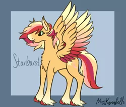 Size: 1750x1500 | Tagged: safe, artist:misskanabelle, derpibooru import, oc, oc:starburst, unofficial characters only, pegasus, pony, abstract background, chest fluff, female, hoof fluff, image, mare, offspring, parent:sunburst, parent:sunset shimmer, parent:trixie, parents:shimmerburst, pegasus oc, png, signature, solo, sperm donation, wings
