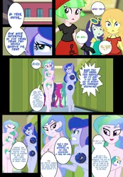 Size: 1600x2318 | Tagged: suggestive, artist:succubi samus, derpibooru import, princess celestia, princess luna, sci-twi, twilight sparkle, comic:bare naked science exhibition, equestria girls, background human, beam, censored, comic, image, jpeg, low quality, nudity, original character do not steal, preview, principal celestia, sample, science, surprised, this will end in detention, this will end in tears, vice principal luna
