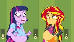 Size: 1280x720 | Tagged: suggestive, derpibooru import, edit, edited screencap, screencap, sunset shimmer, twilight sparkle, equestria girls, equestria girls (movie), belly, belly button, big belly, blushing, duo, duo female, fat, female, image, jpeg, slobset shimmer, smiling, smirk, twilard sparkle