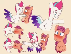 Size: 5970x4500 | Tagged: safe, artist:chub-wub, derpibooru import, sunny starscout, zipp storm, earth pony, pegasus, pony, blushing, female, g5, grin, image, jpeg, lesbian, mare, markings, shipping, simple background, smiling, sunnyzipp, unshorn fetlocks, yellow background