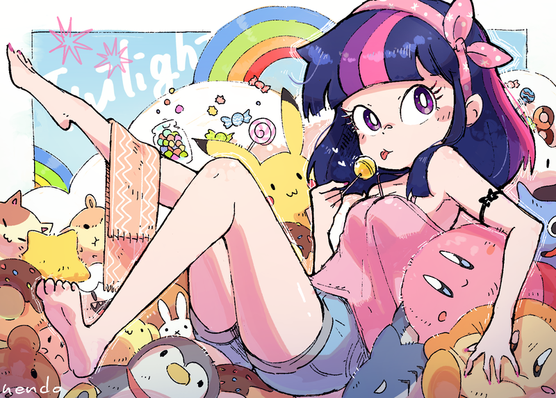 Size: 1664x1190 | Tagged: safe, artist:nendo, derpibooru import, twilight sparkle, bird, cat, human, penguin, pikachu, rabbit, shark, :3, :p, animal, barefoot, candy, clothes, donut, dragon quest (game), feet, food, headband, humanized, image, jar, kirby, kirby (character), lollipop, nintendo, plushie, png, pokémon, rainbow, shorts, slime, tongue out, waddle dee