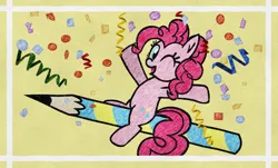 Size: 2333x1409 | Tagged: safe, artist:tridashie, derpibooru import, pinkie pie, confetti, image, one eye closed, pencil, png, simple background, wink, yellow background