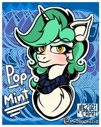 Size: 3000x3750 | Tagged: safe, artist:mrcapriccio, derpibooru import, oc, oc:mint pop, unofficial characters only, pony, unicorn, bust, chest fluff, clothes, female, hipster, image, looking at you, makeup, modern art, png, pop art, portrait, scarf, simple background, solo