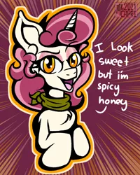 Size: 3000x3750 | Tagged: safe, artist:mrcapriccio, derpibooru import, oc, oc:dolce spiaro, unofficial characters only, pony, unicorn, bandana, bust, chest fluff, clothes, dialogue, female, image, looking at you, makeup, mare, png, simple background, solo